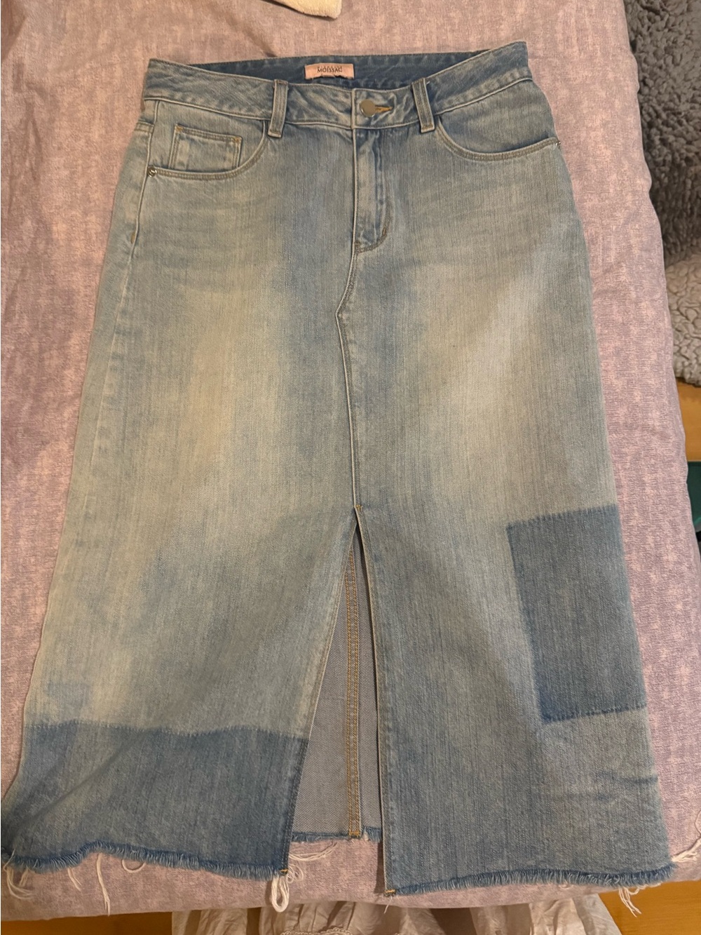 Light Wash Denim Midi Skirt with Front Slit